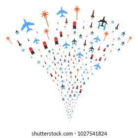 Aviation Attack fireworks fountain. Vector illustration style is flat iconic symbols. Object fountain done from random pictograms as aviation attack fireworks.