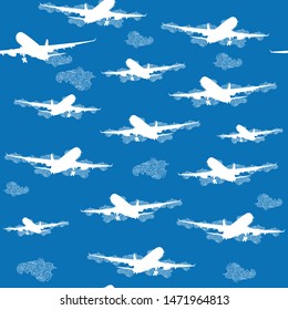 Aviation background for travel. Air Wallpaper with airplanes. Flying on planes seamless pattern design