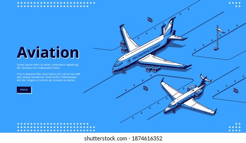 Aviation banner. Isometric white planes on runway in airport on blue background. Vector landing page of aircraft industry for civil flight, travel to vacation and cargo transportation