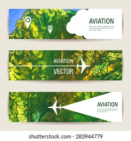 Aviation banners set.  Template for cover card design. Earth view. Surface map. White airplane icon. Colorful texture. Forests, mountains, lakes, ocean. Satellite photo imitation. Hand drawn. Vector.