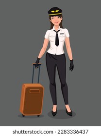 Aviation beautiful female pilots. caring luggage with her. vector illustration