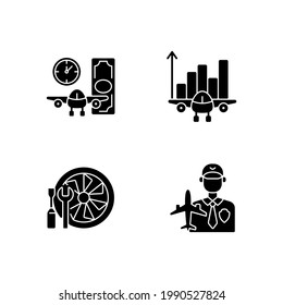 Aviation black glyph icons set on white space. Aircraft maintenance. Aviation security and fligts safety. Budget analysis. Aircraft rental. Silhouette symbols. Vector isolated illustration