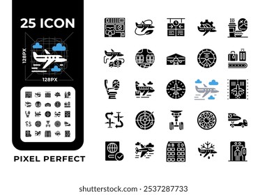 Ícones de glifo preto de aviação definidos em espaço em branco. Viagens aéreas. Tecnologia de aviação. Serviços de viagem. Operações aeroportuárias. Símbolos de silhueta. Embalagem de pictograma sólido. Ilustração isolada de vetor