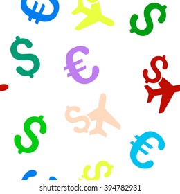 Aviation Business vector repeatable pattern with dollar and euro currency symbols. Style is flat colored icons on a white background.
