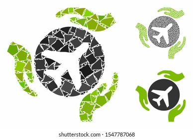 Aviation care hands composition of ragged elements in different sizes and color tinges, based on aviation care hands icon. Vector tuberous elements are grouped into collage.