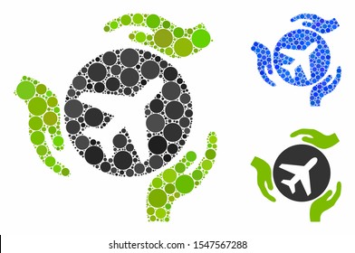 Aviation care hands composition of spheric dots in various sizes and color tints, based on aviation care hands icon. Vector round elements are grouped into blue composition.