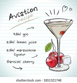 Aviation cocktail, vector sketch hand drawn illustration, fresh summer alcoholic drink with recipe and fruits
