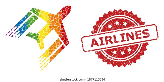 Aviation collage icon of spheric dots in different sizes and LGBT color tints, and Airlines textured rosette seal. A dotted LGBT-colored Aviation for lesbians, gays, transgenders, and bisexuals.