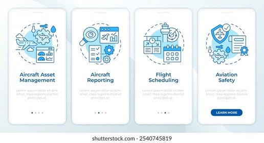 Gestión de conformidad de aviación pantalla azul del App móvil de incorporación. Instrucciones gráficas editables de 4 pasos con conceptos lineales. PLANTILLA UI, UX, GUI