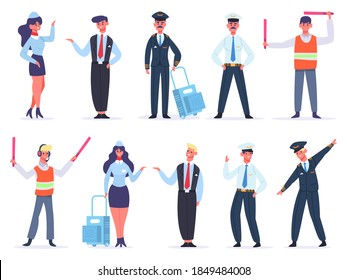 Aviation Crew. Avia Company Workers Team, Captain, Pilots, Air Hostess And Crossing Guard. Flight Aviation Aircraft Command Vector Illustrations. Transport Service , Man And Woman In Uniform