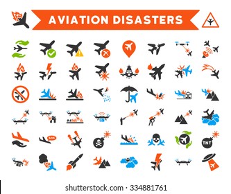 Aviation Disasters Vector Icon Set. Here are airplane crashes, terror drones, military attacks, plane tests.