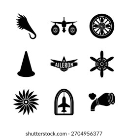 Aviation Elements Icon Set Aircraft Wheels, Propellers, Aileron Logo  Exhaust Symbols