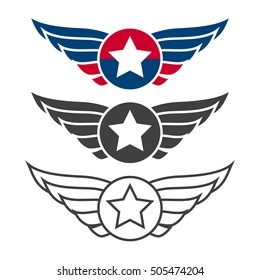 Aviation emblem set, badges or logos. Military and civil aviation icons. Air force symbols. Vector stock illustration.