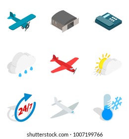 Aviation equipment icons set. Isometric set of 9 aviation equipment vector icons for web isolated on white background