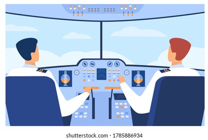 Aviation and flight concept. Airplane pilots and copilot navigating plane from cabin. Airplane crew at control panel. Vector illustration for travel, transport, airlines topics