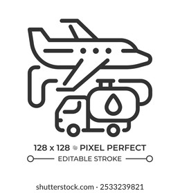 Ícone linear de combustível de aviação. Processo de reabastecimento de aeronaves para operações de transporte aéreo. Avião e caminhão de combustível. Ilustração em linha fina. Símbolo de contorno. Desenho de contorno de vetor. Traçado editável