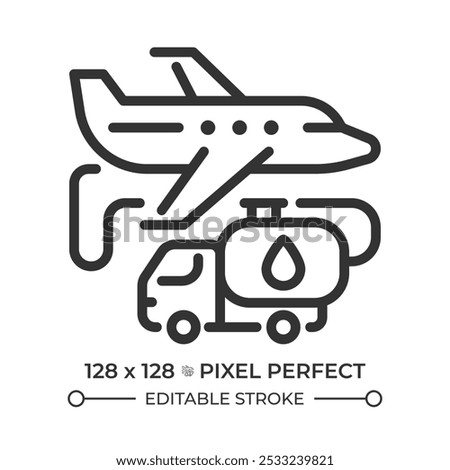 Aviation fuel linear icon. Process of refueling aircraft for air travel operations. Plane and fuel truck. Thin line illustration. Contour symbol. Vector outline drawing. Editable stroke