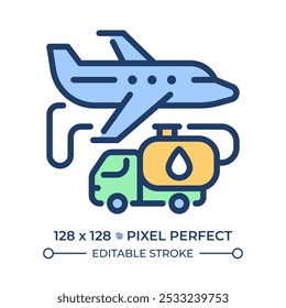 Icono de color RGB de combustible de aviación. Proceso de repostaje de aeronaves para operaciones de viaje aéreo. Avión y camión de combustible. Ilustración vectorial aislada. Dibujo de línea relleno simple. Trazo editable