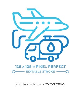 Aviation fuel two color line icon. Process of refueling aircraft for air travel operations. Plane, fuel truck. Bicolor outline symbol. Duotone linear pictogram. Isolated illustration. Editable stroke