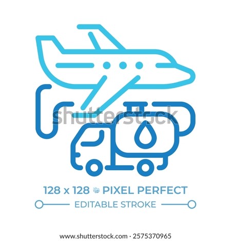 Aviation fuel two color line icon. Process of refueling aircraft for air travel operations. Plane, fuel truck. Bicolor outline symbol. Duotone linear pictogram. Isolated illustration. Editable stroke