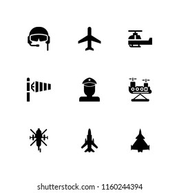 aviation icon. 9 aviation set with militar, plane, military airplane bottom view and airplane vector icons for web and mobile app