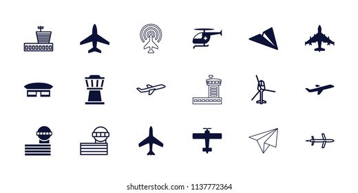 Aviation icon. collection of 18 aviation filled and outline icons such as plane, airport tower, medical helicopter, airport. editable aviation icons for web and mobile.