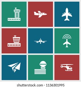 Aviation icon. collection of 9 aviation filled icons such as plane, airport, airport tower, helicopter. editable aviation icons for web and mobile.