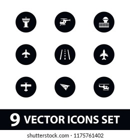 Aviation icon. collection of 9 aviation filled icons such as airport tower, plane, medical helicopter, helicopter, runway. editable aviation icons for web and mobile.