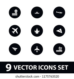 Aviation icon. collection of 9 aviation filled icons such as plane, helicopter, airport, airport tower. editable aviation icons for web and mobile.
