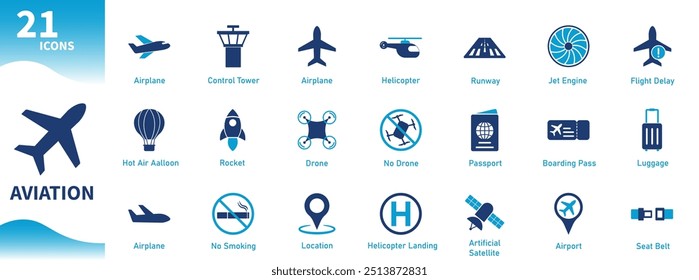 Luftfahrtsymbol. Sammlung von Flugzeug-, Reise-, Drohne-, Hubschrauber-, Flughafen-Ikonen. Durchgezogene Vektorsymbole.