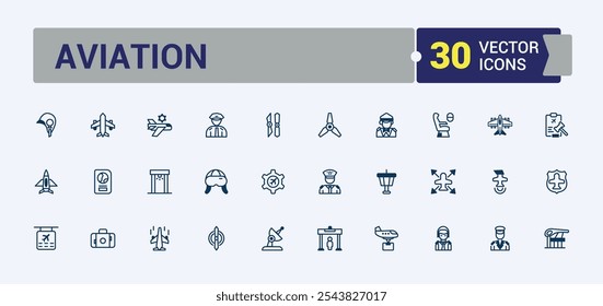 Aviation icon collection. Contains such icons as air travel, airplane, airport, airline, aircraft and more. Pixel perfect. Vector icons editable stroke.