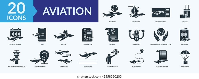 Aviation icon collection set with flight time, boarding pass, safety, air navigation, passport