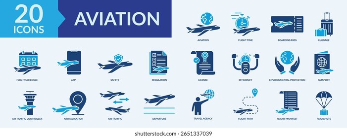 Aviation icon collection set with flight time, boarding pass, safety, air navigation, passport