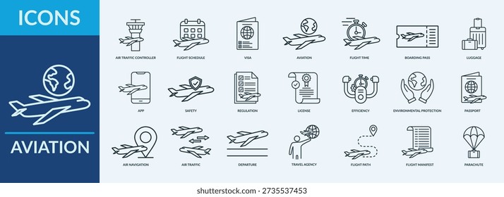 Aviation - Icon Collection. Thin Outline Set contains such Icons as luggage, visa, pasport and more. Simple web icons set