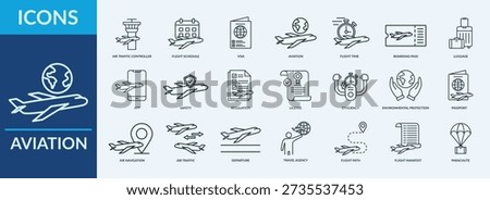 Aviation - Icon Collection. Thin Outline Set contains such Icons as luggage, visa, pasport and more. Simple web icons set