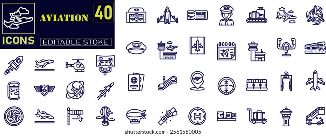 Aviation icon line. Flight Navigation, Airplane Cockpit, Pilot Uniform icons .