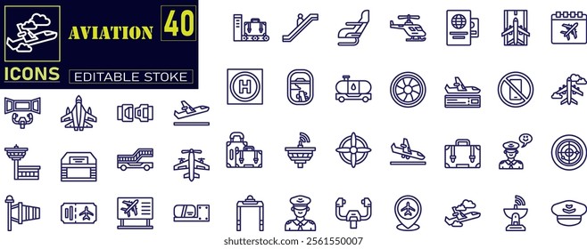 Aviation icon line. Flight Navigation, Airplane Cockpit, Pilot Uniform icons .