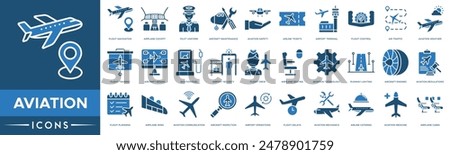 Aviation icon line. Flight Navigation, Airplane Cockpit, Pilot Uniform, Aircraft Maintenance, Aviation Safety, Airline Tickets, Airport Terminal and Flight Control