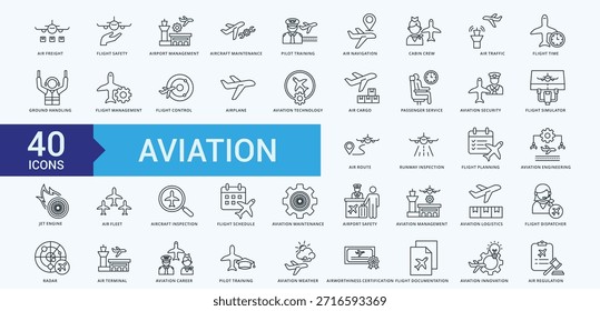 Paquete de iconos de aviación Vector de ilustración con transporte aéreo, seguridad aérea, gestión aeroportuaria, mantenimiento de aeronaves, capacitación de pilotos, navegación aérea, tripulación de cabina, tráfico aéreo, operación de vuelo, manejo en tierra, gestión de aerolíneas, control de vuelo