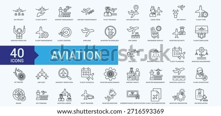 Aviation icon pack Illustration Vector with air transport, flight safety, airport management, aircraft maintenance, pilot training, air navigation, cabin crew, air traffic, flight operation, ground handling, airline management, flight control