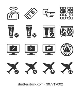 Aviation icon series 5. Included the icons as flight tickets, prohibited, permission, limit, booking, black box and more.