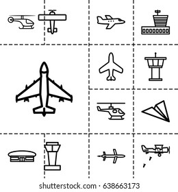 Aviation icon. set of 13 outline aviationicons such as plane, airport tower, airport, helicopter, military plane