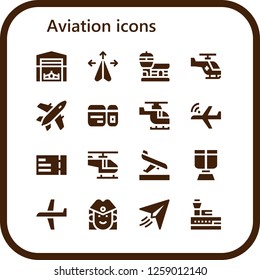  aviation icon set. 16 filled aviation icons. Simple modern icons about  - Hangar, Plane, Airport, Helicopter, Plane ticket, Aeroplane, Arrival, Oxygen mask, Stewardess, Paper plane