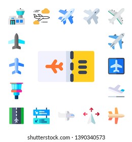 aviation icon set. 17 flat aviation icons.  Collection Of - airport, airplane, plane, boarding pass, control tower, runway, departures, aeroplane