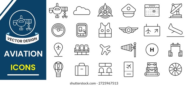 Luftfahrtsymbol-Set. Set von 24 Linien Icons in Bezug auf Luftfahrt, Fluggesellschaft, Flugzeug, Flug Navigation, Flugzeug Cockpit, Flugzeug, Jet, Flugzeug, Kopter, Flug, Transport, und mehr. Vektorgrafik.