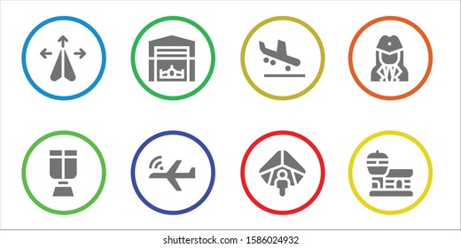 aviation icon set. 8 filled aviation icons.  Simple modern icons about  - Plane, Oxygen mask, Hangar, Aeroplane, Arrival, Hang gliding, Stewardess, Airport