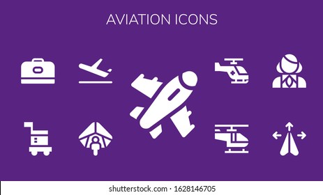 aviation icon set. 9 filled aviation icons. Included Plane, Hang gliding, Carrier, Stewardess, Helicopter icons