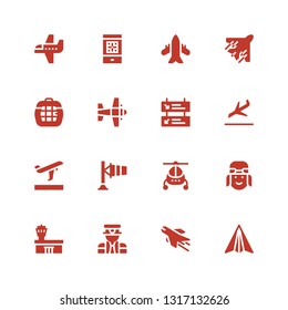 aviation icon set. Collection of 16 filled aviation icons included Paper plane, Airplane, Pilot, Airport, Helicopter, Windsock, Departures, Landing, Carrier, Boarding pass