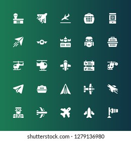 aviation icon set. Collection of 25 filled aviation icons included Windsock, Airplane, Aviation, Pilot, Paper plane, Carrier, Telegram, Helicopter, Departures, Boarding pass, Landing
