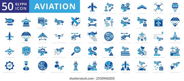 Ícone de aviação conjunto de comunicação, acidente, operação, educação, avião, indústria, segurança, militar, manutenção, gps, aeronave, helicóptero, jato, radar, fotografia aérea, transporte, ambulância